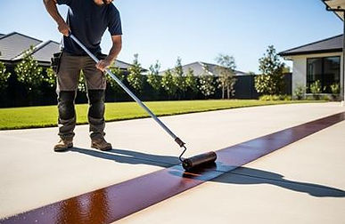 A professional applying a new stain to a concrete driveway with a long-handled roller.