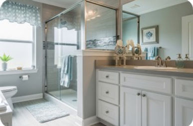 Newly updated bathroom with a modern walk-in shower and glass door