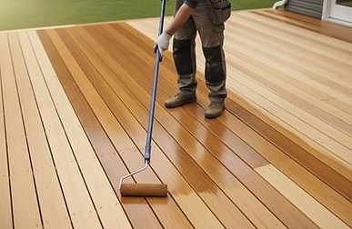 A professional applying a new stain to a wood deck with a long-handled brush.