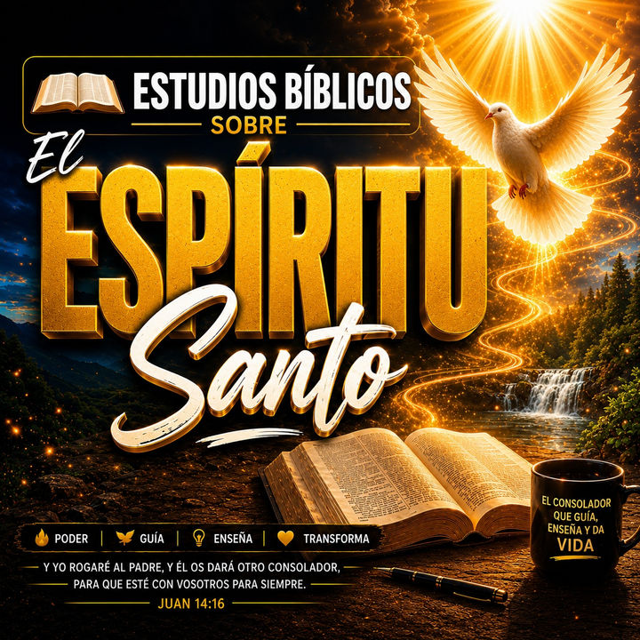 Estudios bíblicos sobre el Espíritu Santo con una paloma blanca resplandeciente descendiendo del cielo, una Biblia abierta iluminada y un paisaje celestial lleno de luz dorada y gloria divina.
