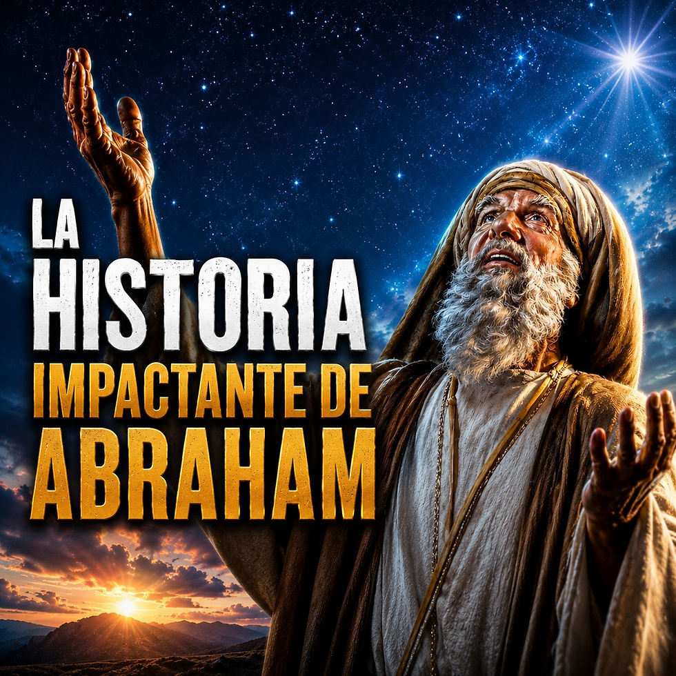 Abraham mirando al cielo estrellado con los brazos levantados en señal de fe, iluminado por una luz celestial, junto al título 'La Historia Impactante de Abraham' en una miniatura de estilo cinematográfico y fotorrealista.