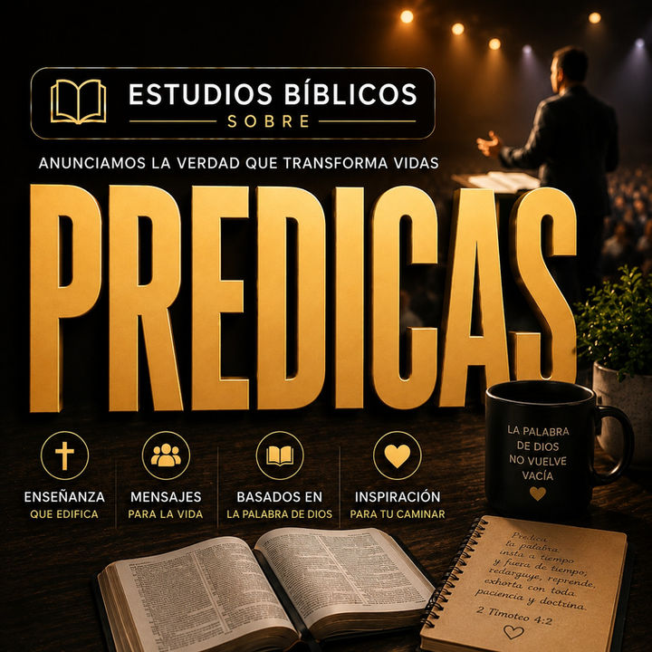 Estudios bíblicos sobre prédicas cristianas con predicador en escenario, Biblia abierta y diseño moderno en tonos dorados, destacando la palabra Prédicas en gran formato.