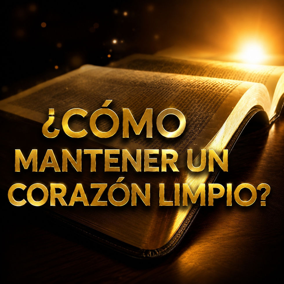 Una Biblia abierta iluminada por una intensa luz dorada, con un fondo oscuro y cálido. Sobre la imagen destaca en grandes letras doradas el texto «¿CÓMO MANTENER UN CORAZÓN LIMPIO?», transmitiendo un mensaje cristiano sobre la santidad, la pureza del corazón y el estudio de la Palabra de Dios.