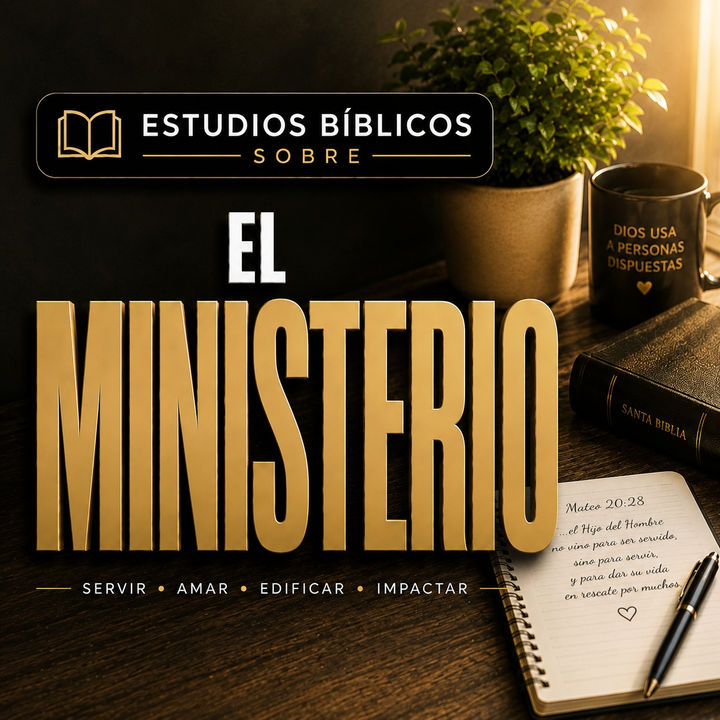 Estudios bíblicos sobre el ministerio cristiano con Biblia abierta, elementos de servicio y liderazgo espiritual, destacando el llamado a servir a Dios y a la iglesia.