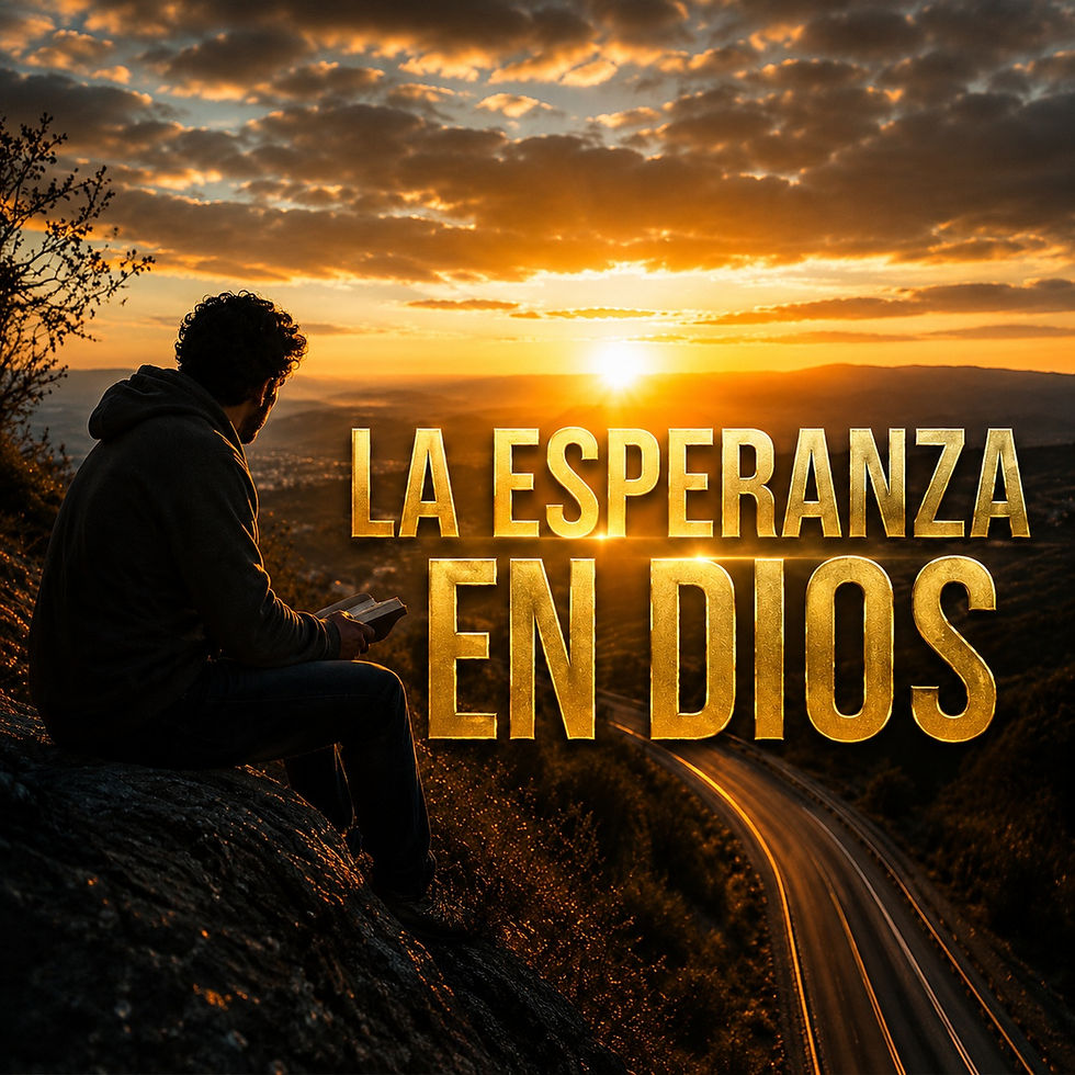 Persona sentada sobre una roca contemplando un atardecer dorado sobre un valle y una carretera sinuosa, mientras destaca el texto brillante en color oro 'LA ESPERANZA EN DIOS' frente a un paisaje iluminado por la puesta de sol.