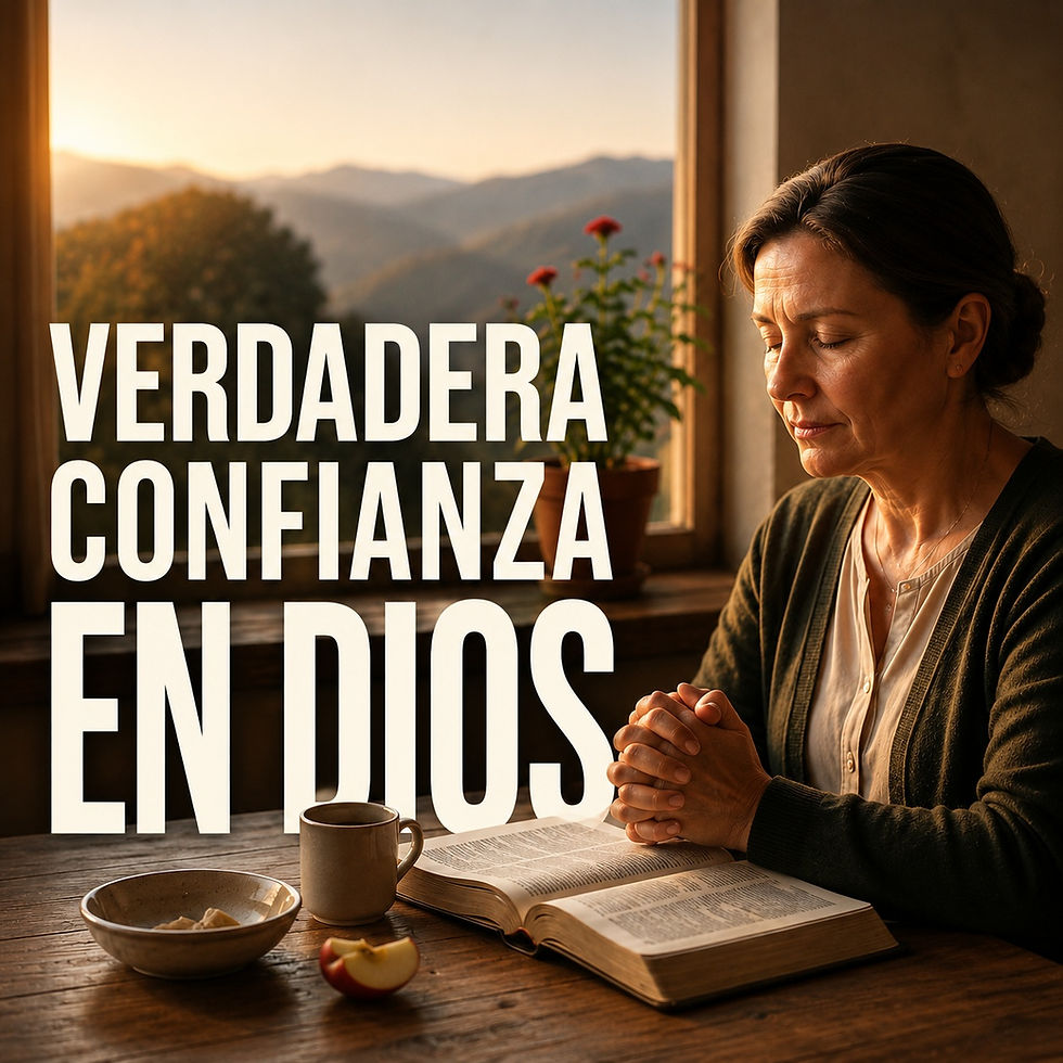 Mujer orando junto a una Biblia abierta frente a una ventana con vista a las montañas al atardecer, en un ambiente cálido y tranquilo, con el texto destacado «VERDADERA CONFIANZA EN DIOS».