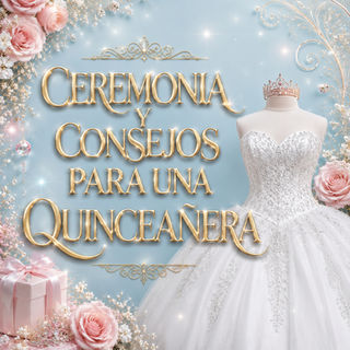 Miniatura elegante de quinceañera con un vestido blanco de gala sobre maniquí, fondo celeste pastel con rosas rosadas, detalles dorados y brillantes, y el título en letras doradas "CEREMONIA Y CONSEJOS PARA UNA QUINCEAÑERA".