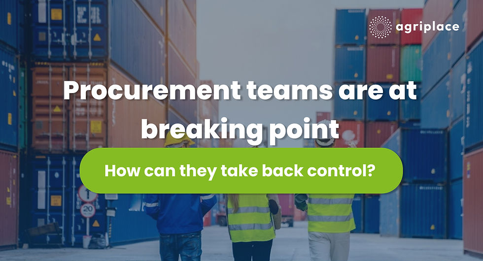 People in reflective vests walk in a shipping container yard. Text overlay: "Procurement teams are at breaking point. How can they take back control?"