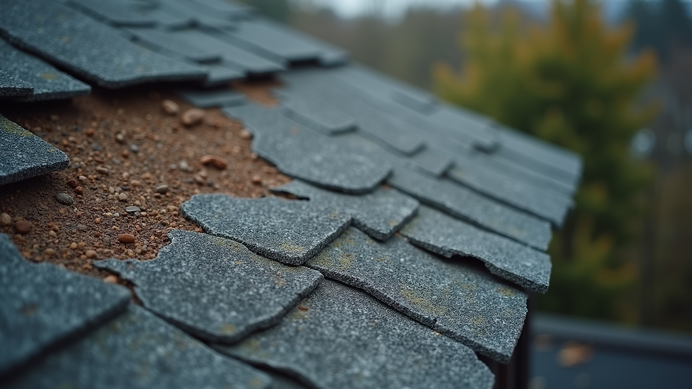High angle view of a roof with missing shingles and visible damage