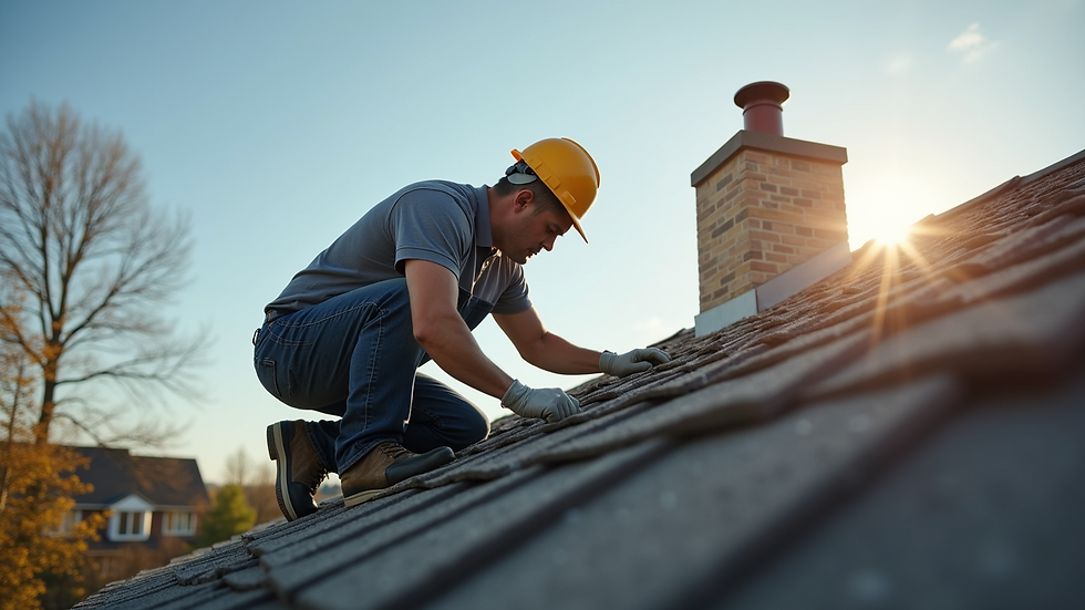 Eye-level view of a professional roofer inspecting a residential roof