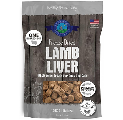 Bag of Shepherd Boy Farms freeze-dried lamb liver treats for dogs and cats