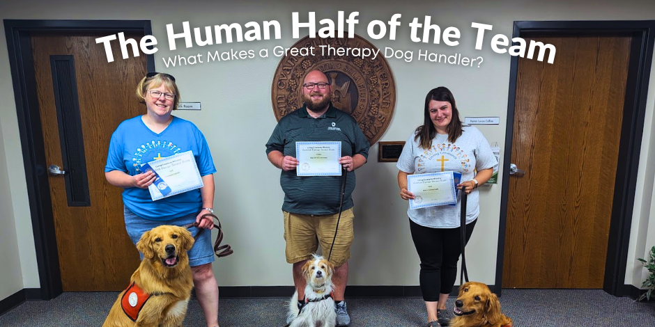 The Human Half of the Team featuring three certified therapy dog-handler teams with their dogs