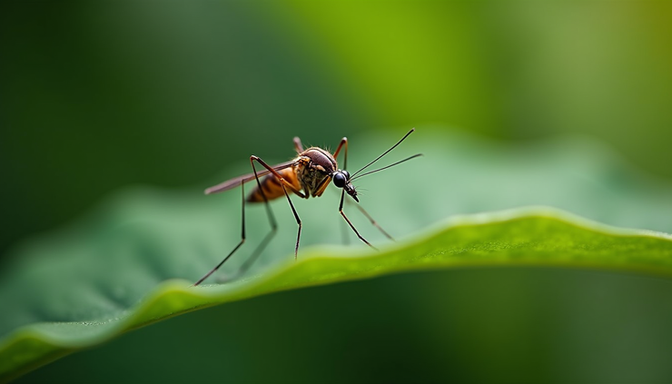 Vista de perto de um mosquito pousado em uma folha verde