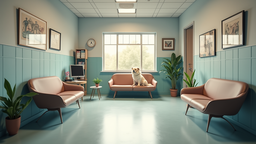 High angle view of a cozy veterinary waiting room designed for pets