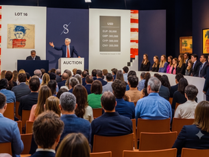 Auction room interior during a contemporary art evening sale, bidders seated in rows