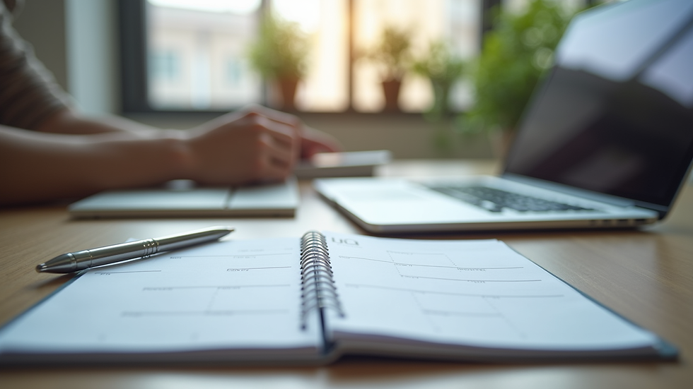 Eye-level view of a modern workspace with a laptop and planner