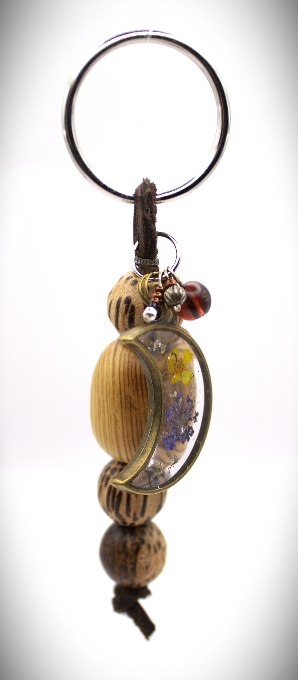 wooden Beaded Key Chain with moon shaped pressed flower resin charm