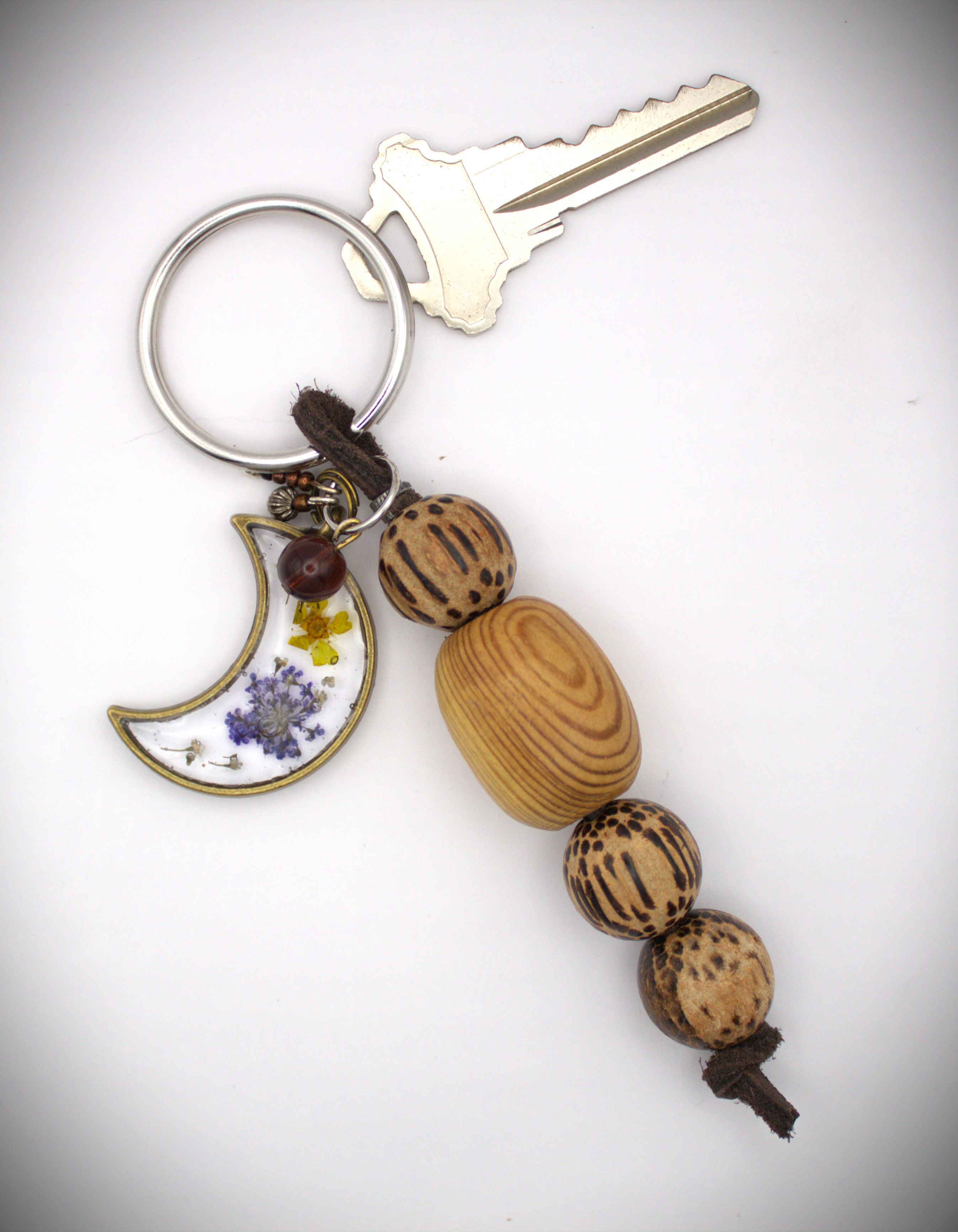 wooden Beaded Key Chain with moon shaped pressed flower resin charm