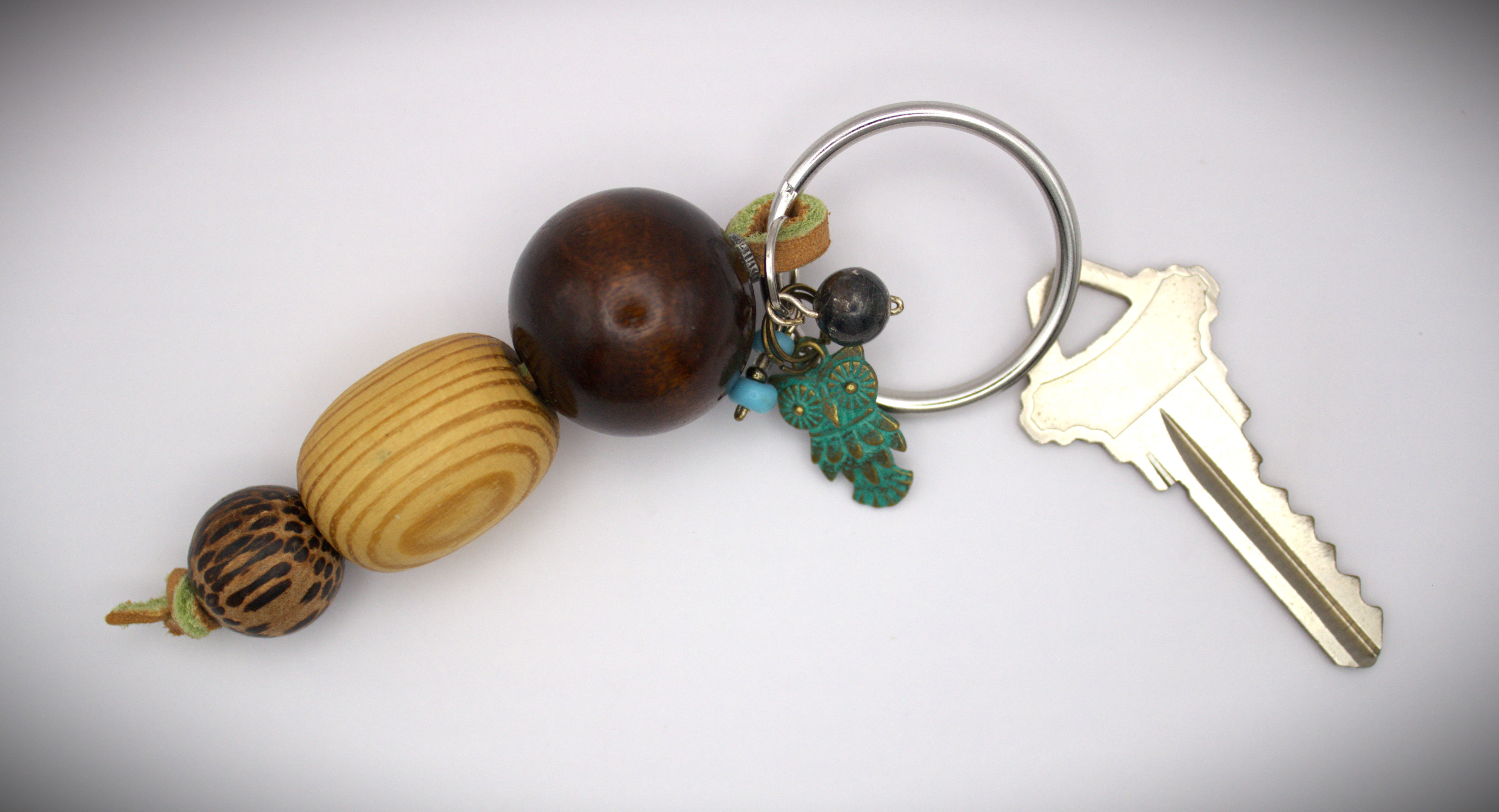 wood Beaded Key Chain with metal patinaed owl charm & turquoise beads