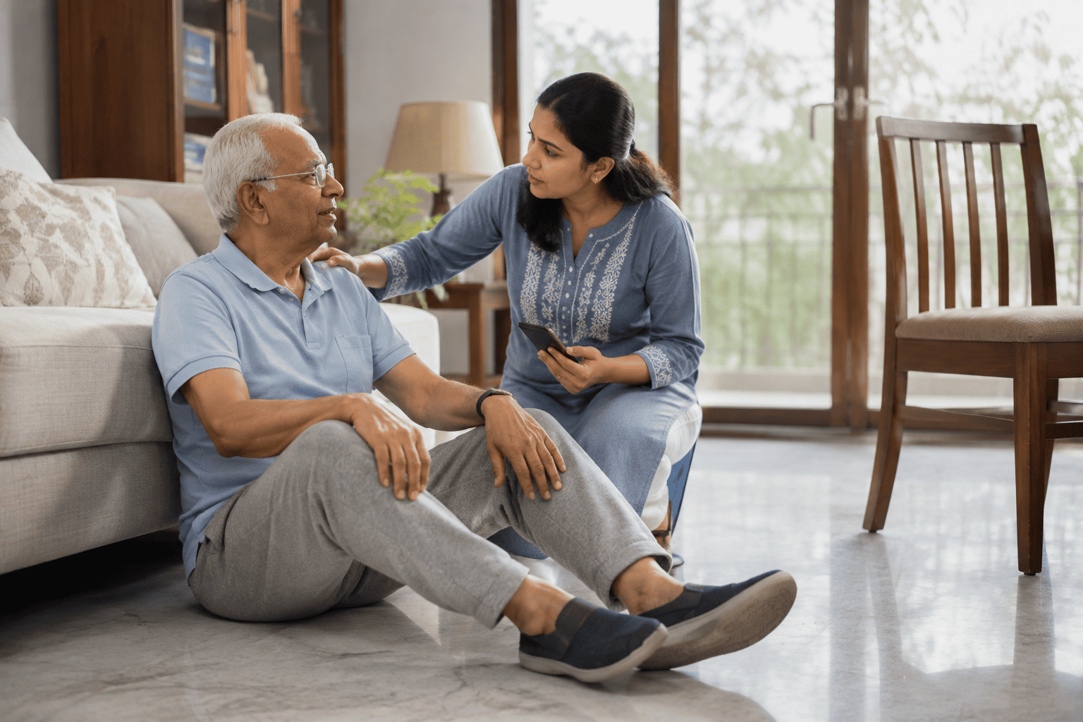 Family member checking on an elderly patient who has sat down on the floor after a fall at home
