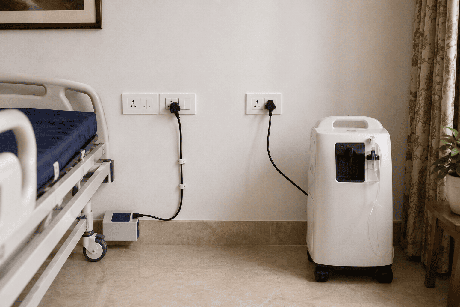 Wall sockets and power planning beside a hospital bed for an oxygen concentrator and mattress pump