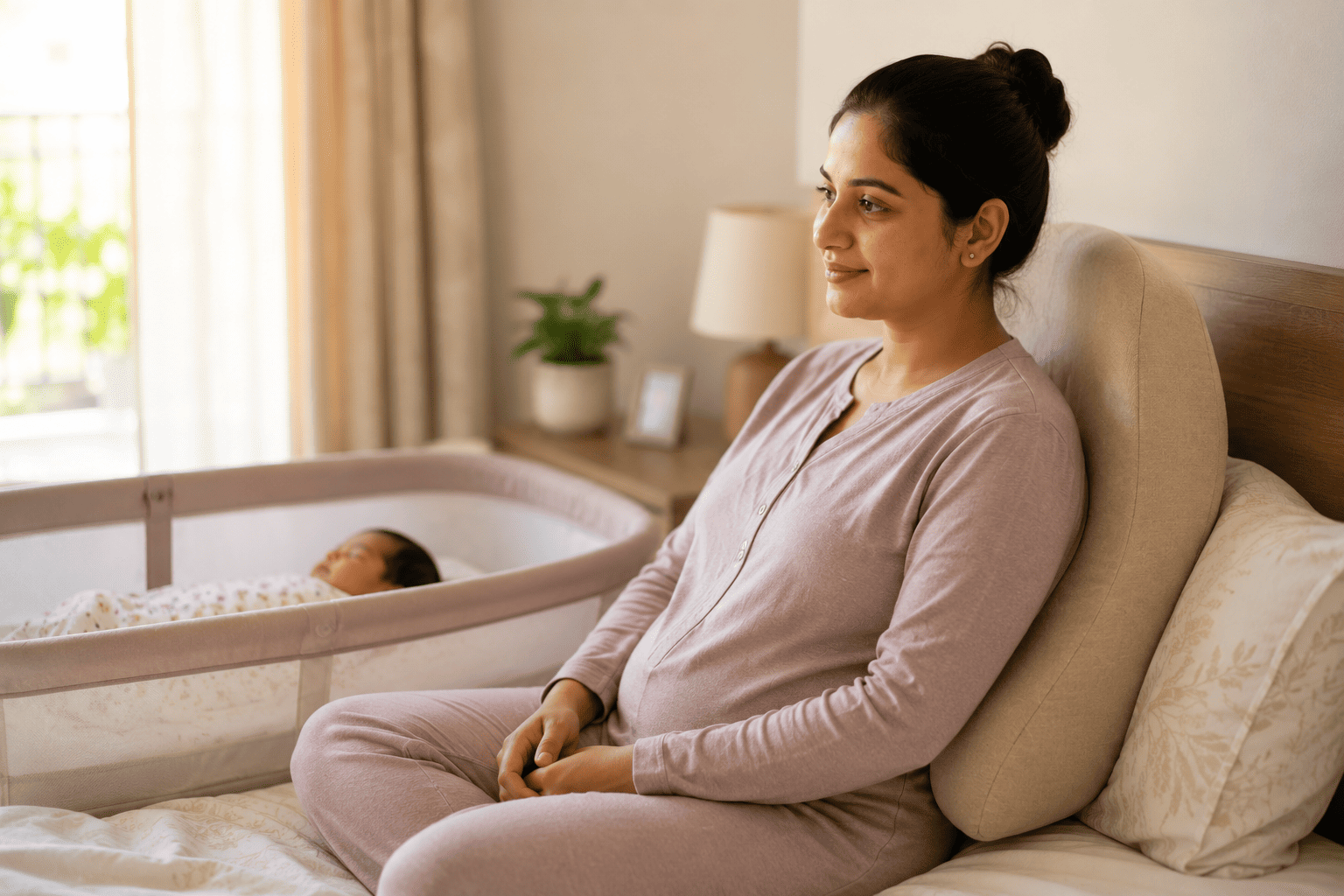 New mother resting comfortably at home during her postnatal recovery