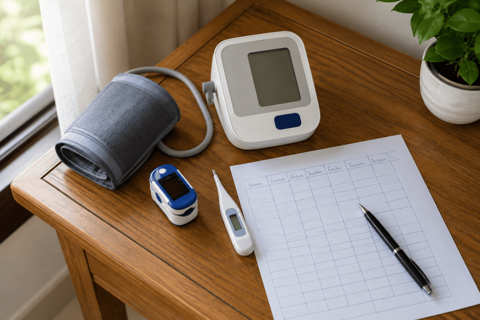 Home monitoring chart with blood pressure monitor and pulse oximeter beside a patient's bed