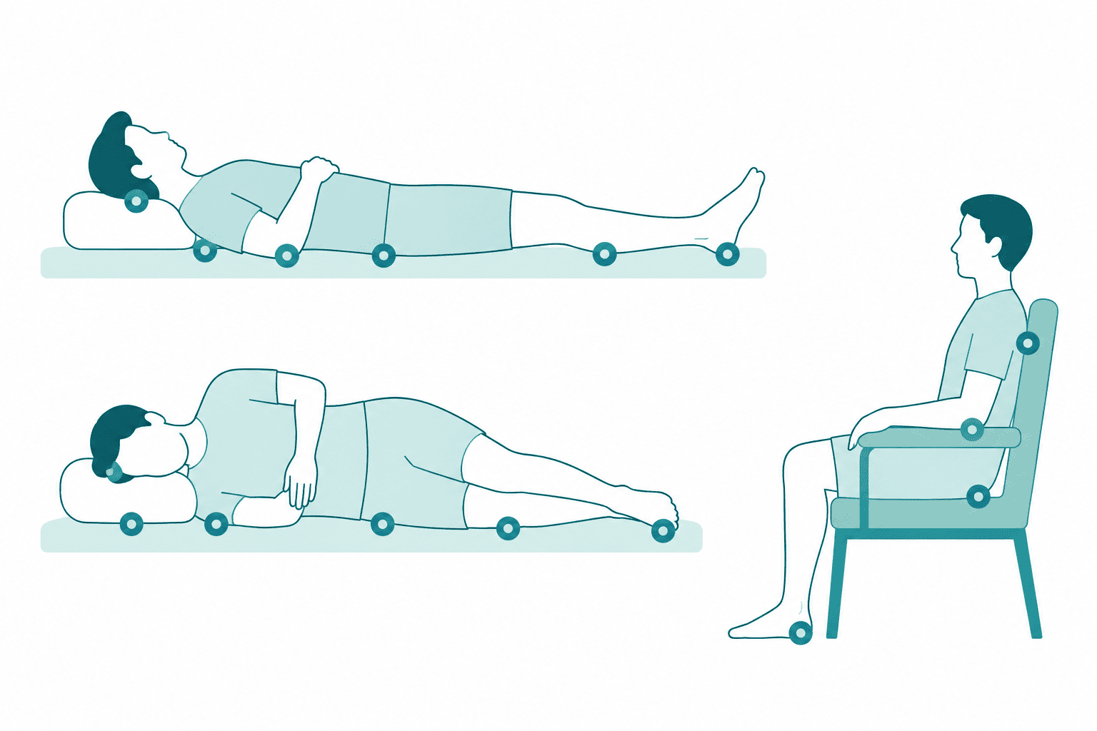 Diagram of pressure points on the body where bedsores commonly develop in bedridden patients