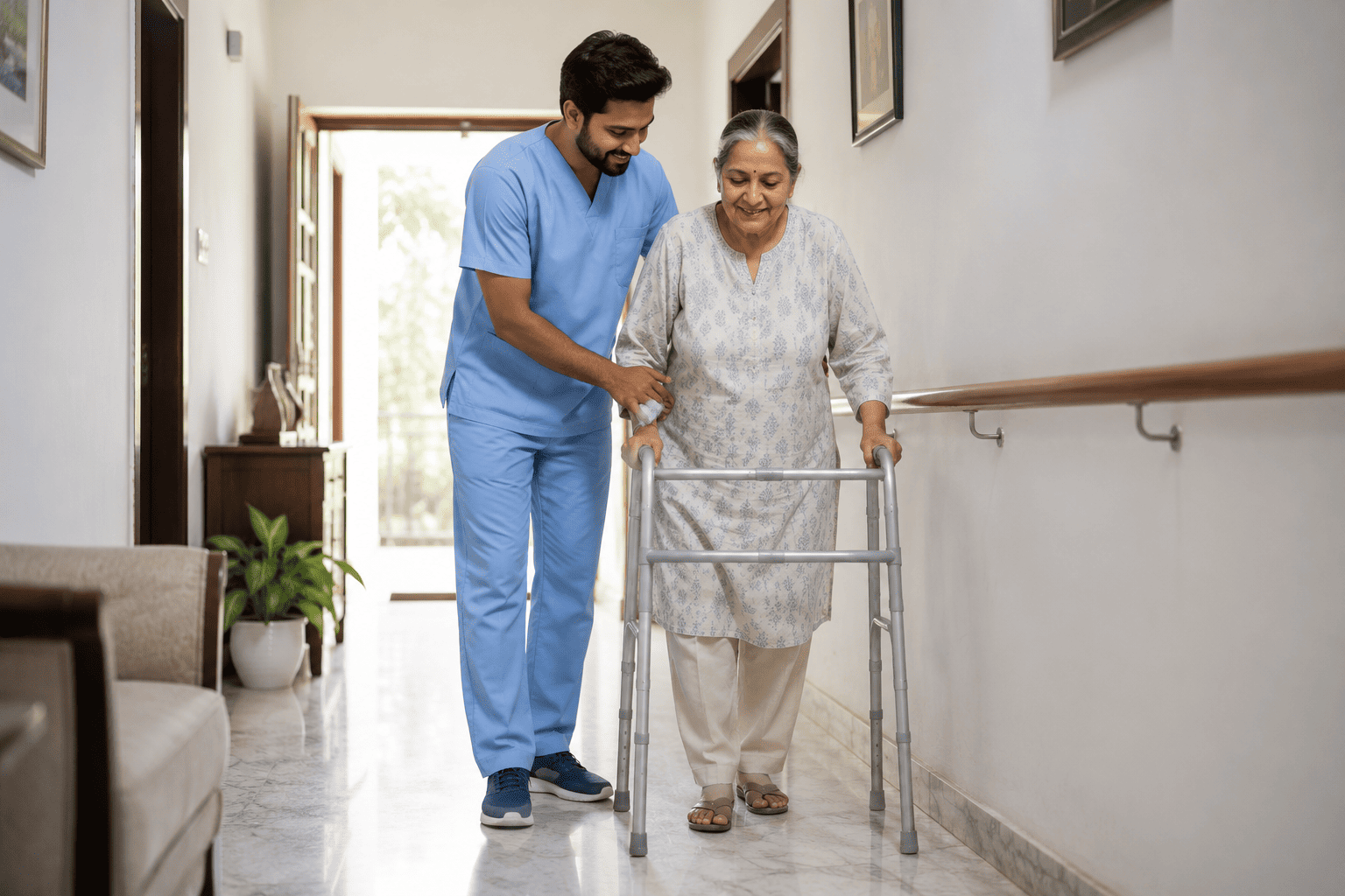 Physiotherapist guiding a patient through strengthening exercises at home after hospital discharge