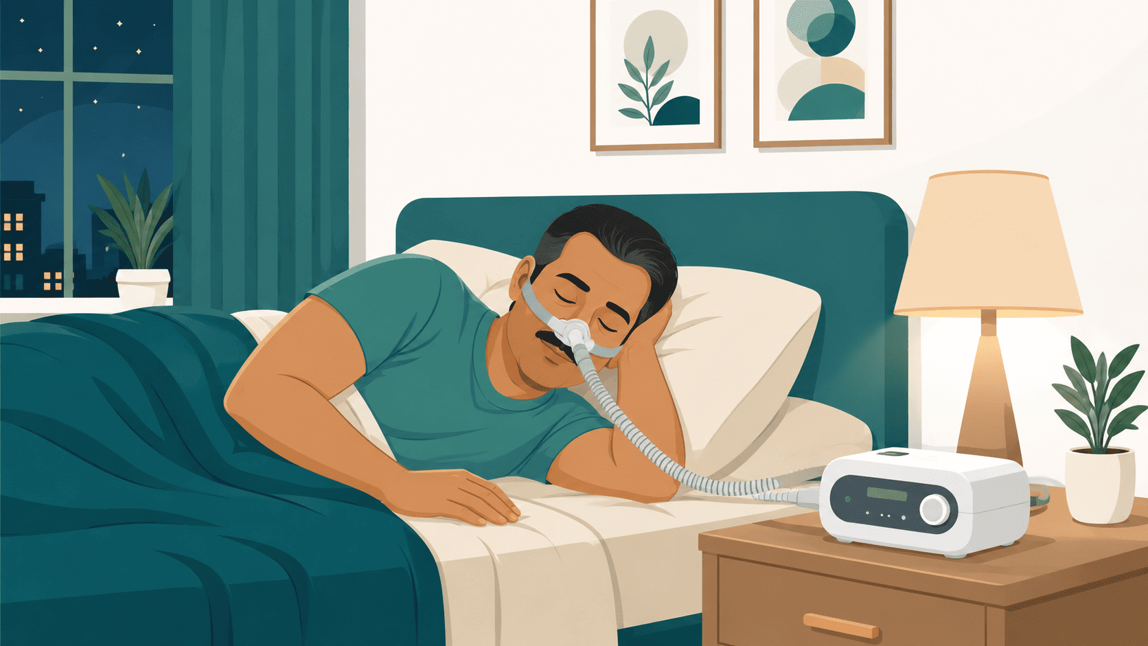 Sleep apnea care at home with a CPAP machine beside the bed