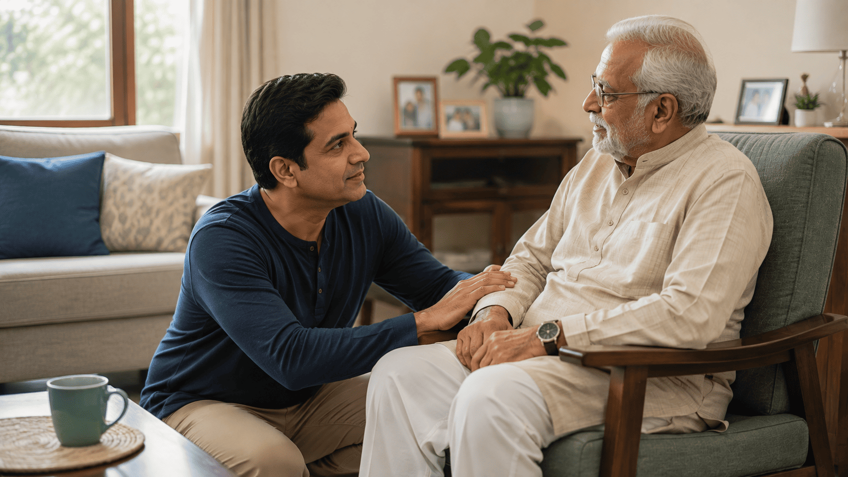 Family member calmly talking with an elderly parent living with dementia at home