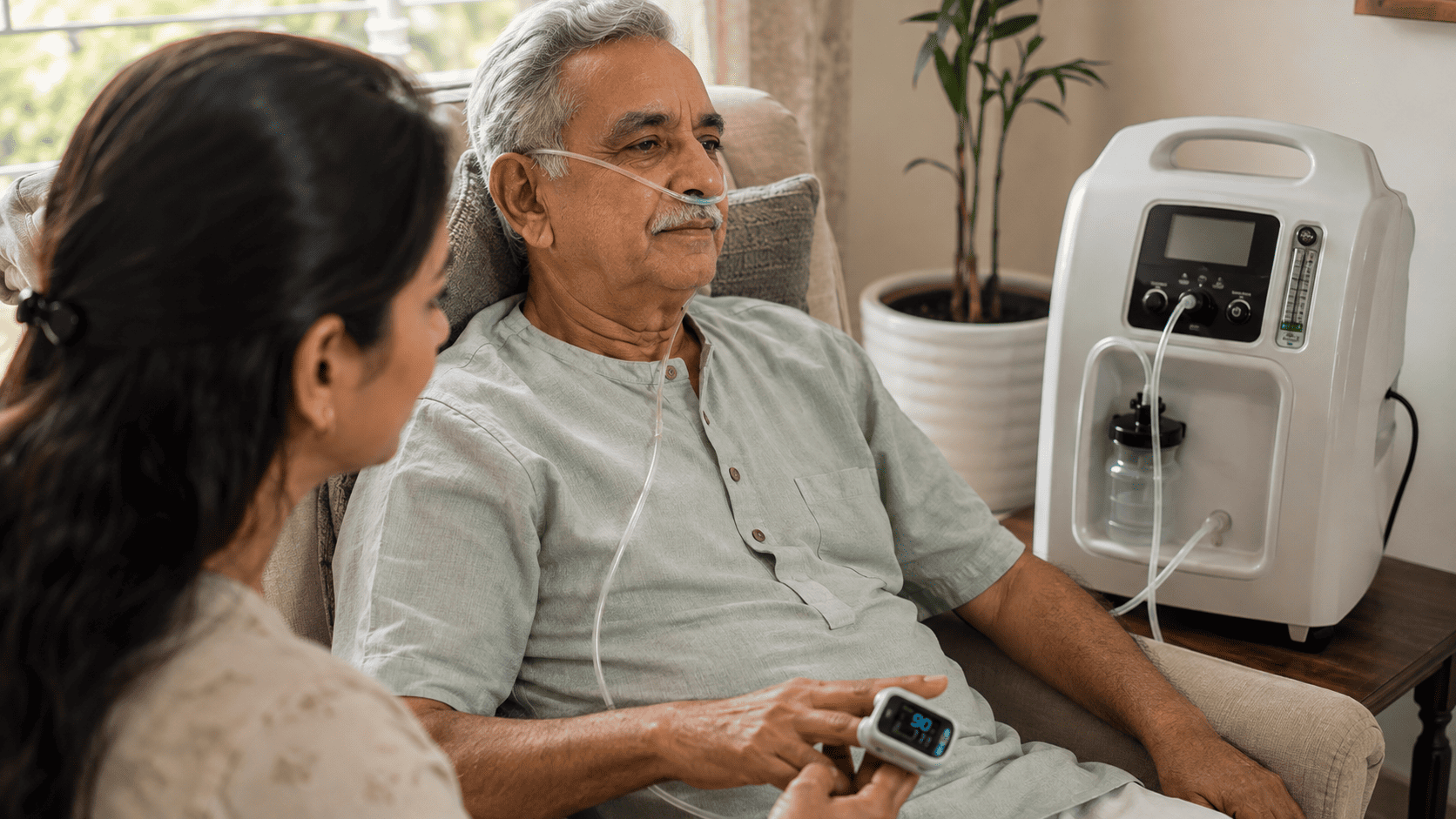 COPD patient using oxygen therapy with an oxygen concentrator at home