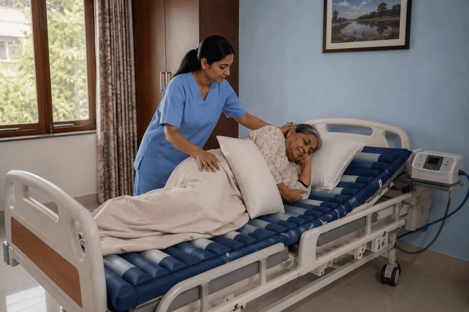 Caregiver repositioning a bedridden patient on an alternating pressure air mattress at home