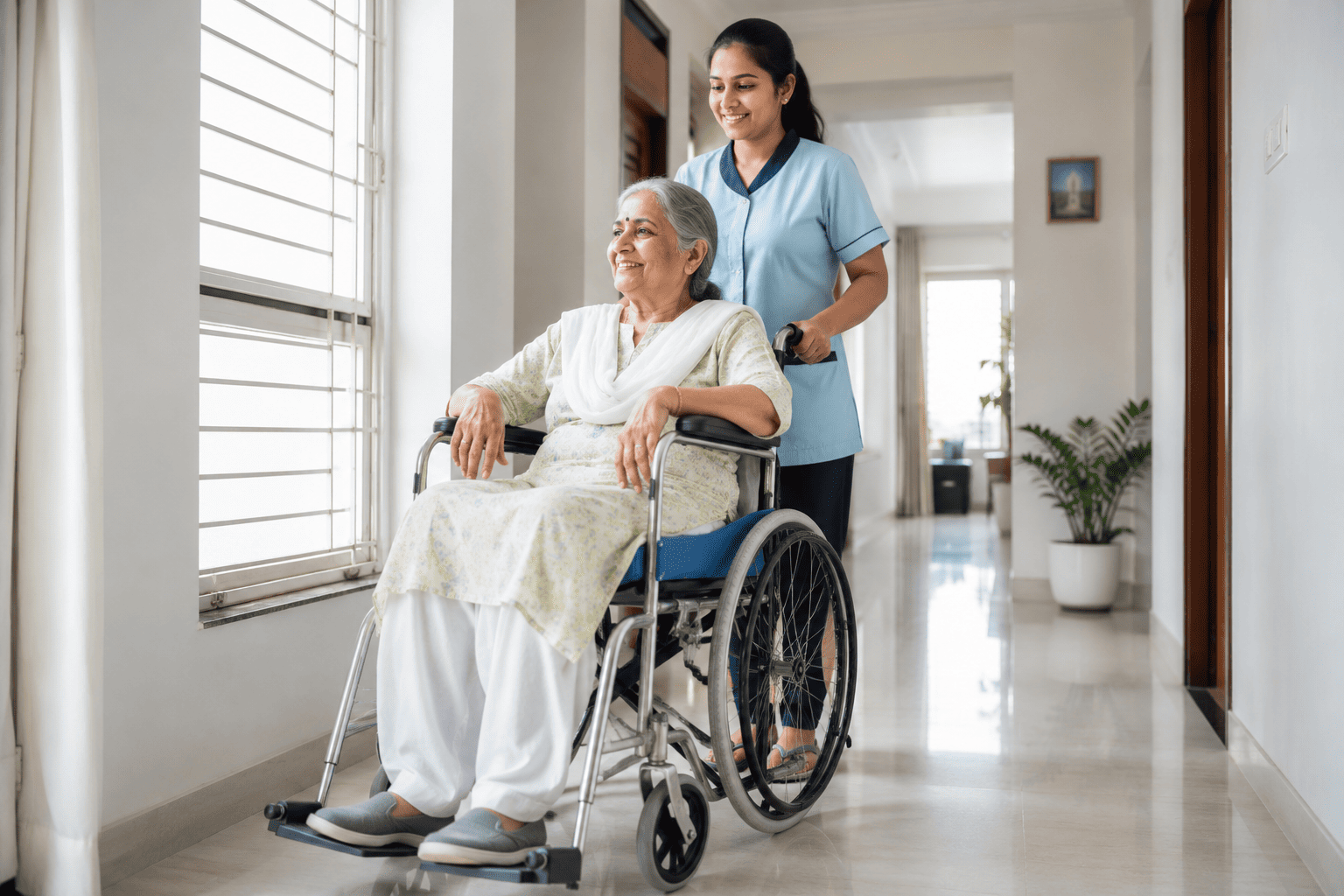 Caregiver pushing a recovering patient in a correctly fitted wheelchair at home