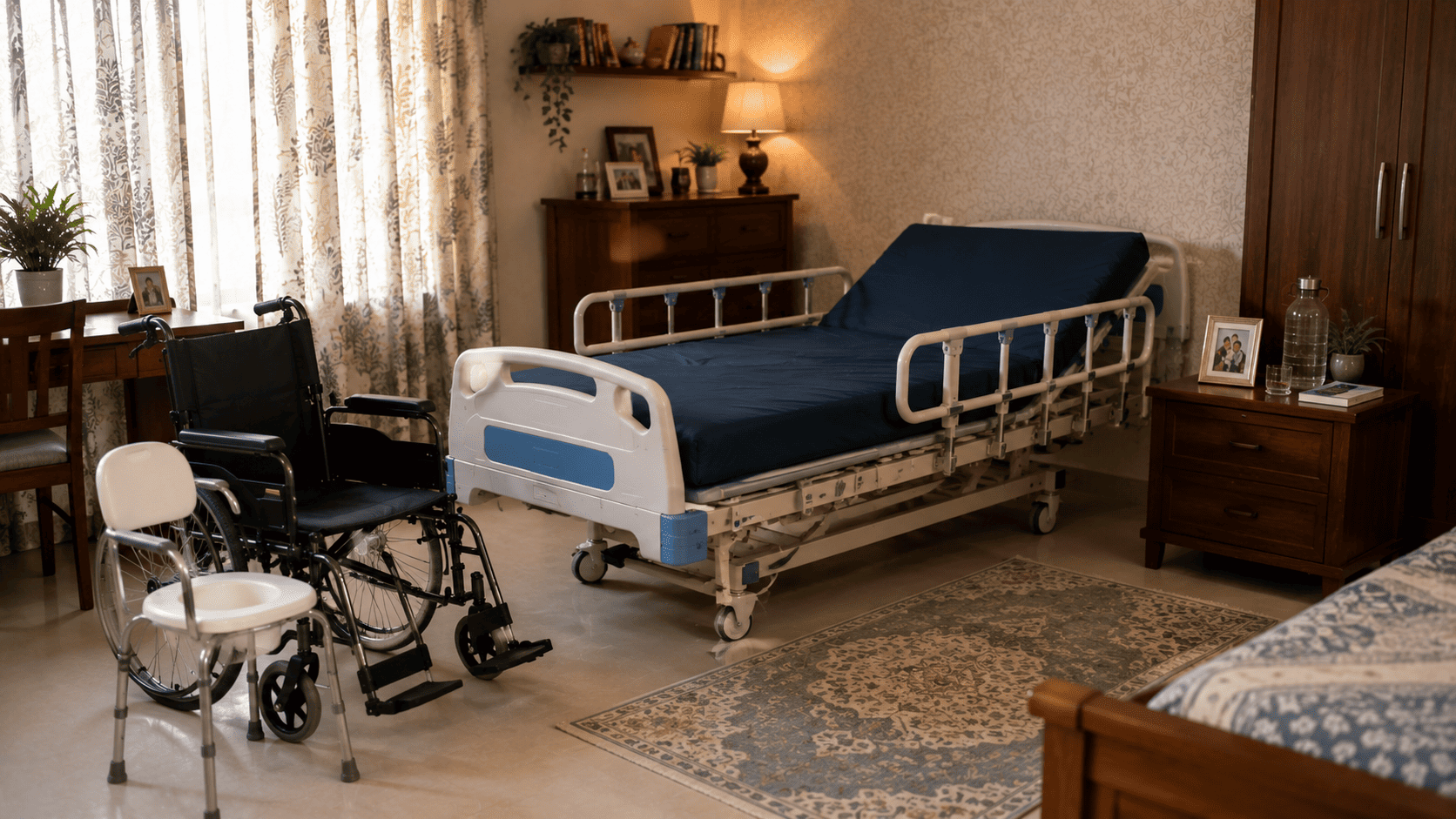 Wheelchair and hospital bed rental setup for multiple sclerosis relapse care at home