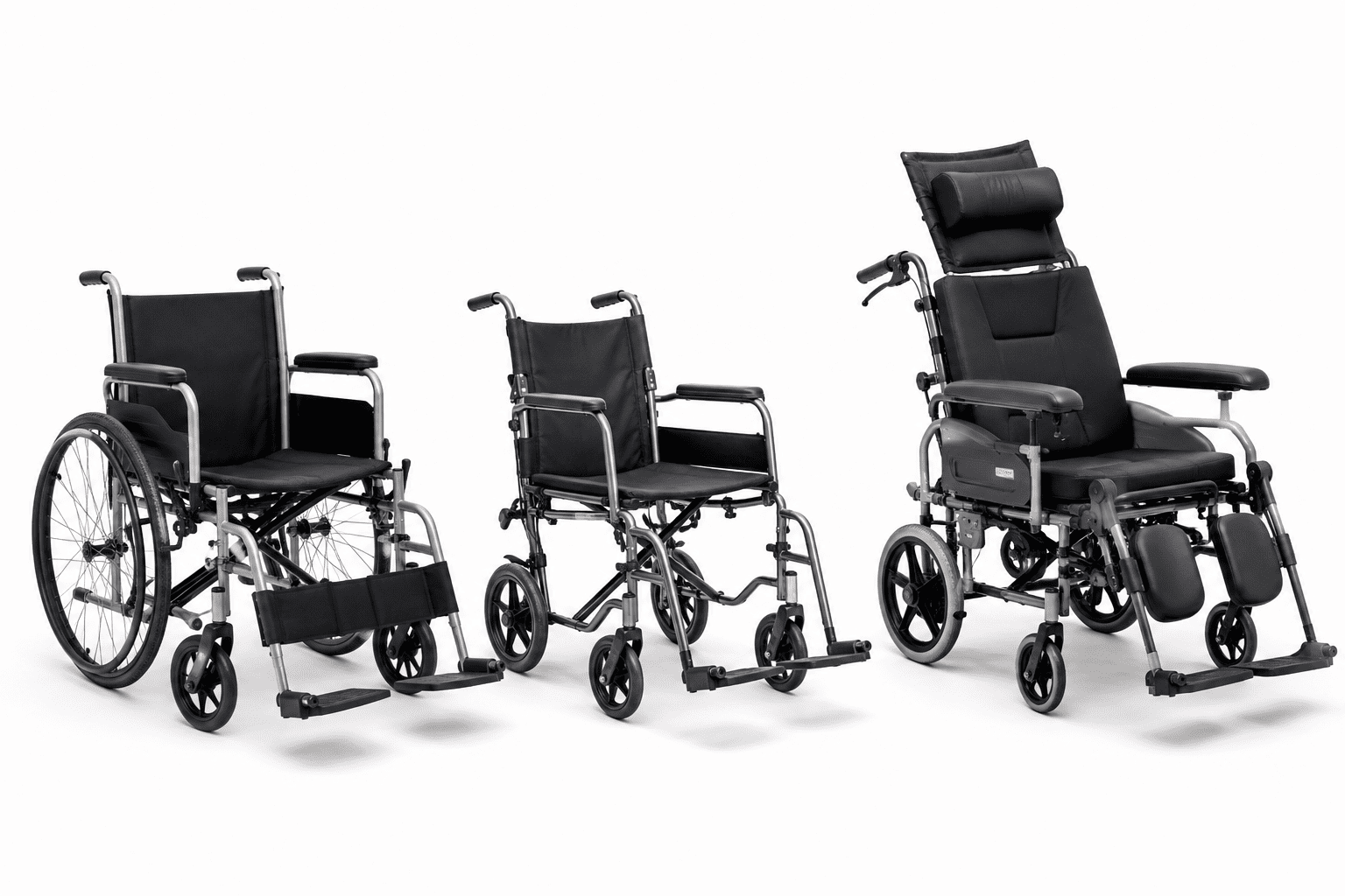 Different types of wheelchairs used during home recovery including standard folding and reclining models