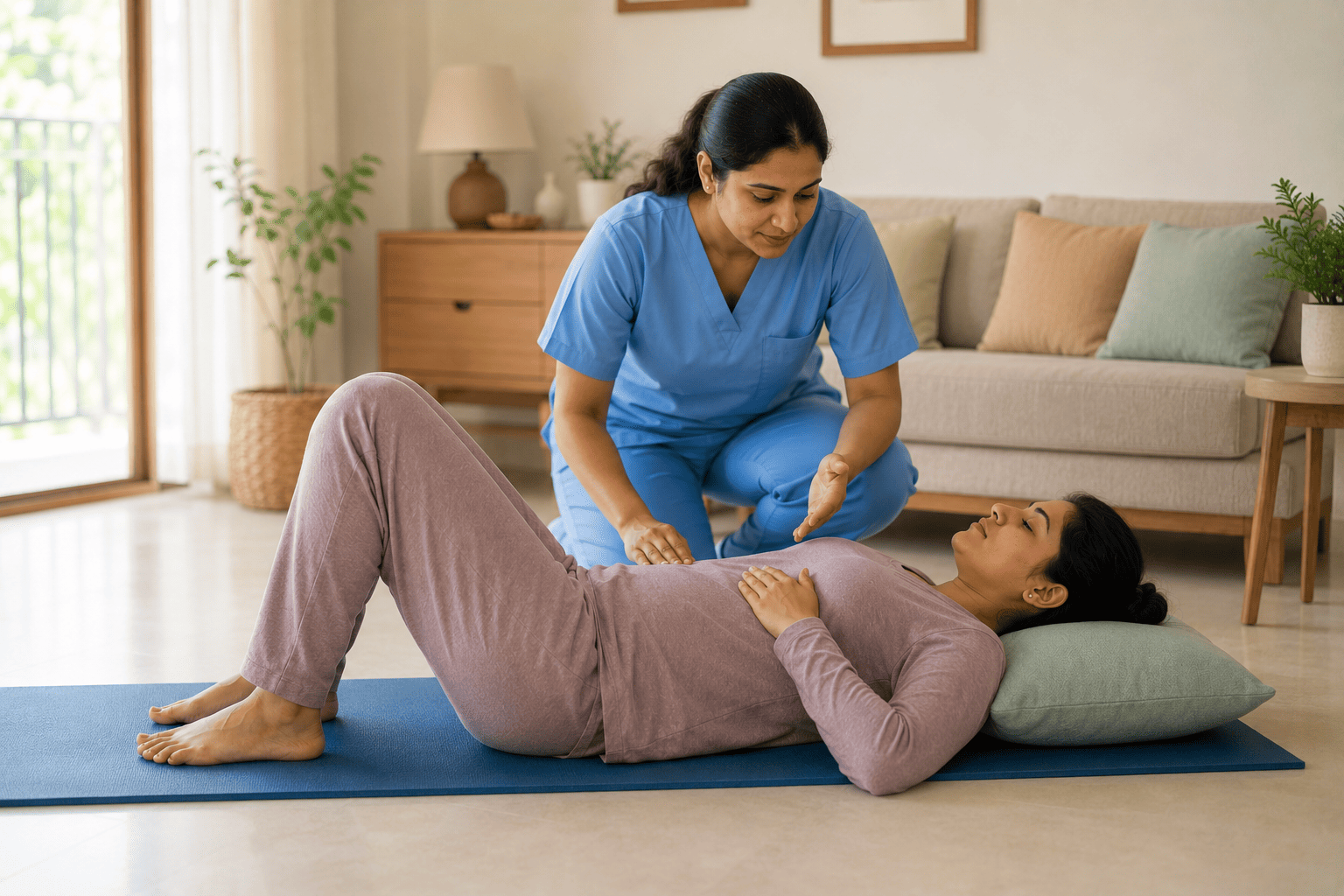 Physiotherapist guiding a new mother through gentle breathing and core work at home