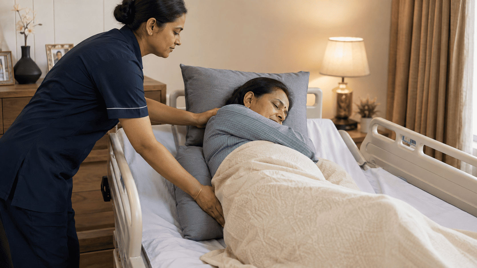 Caregiver repositioning a stroke patient in bed to prevent pressure sores