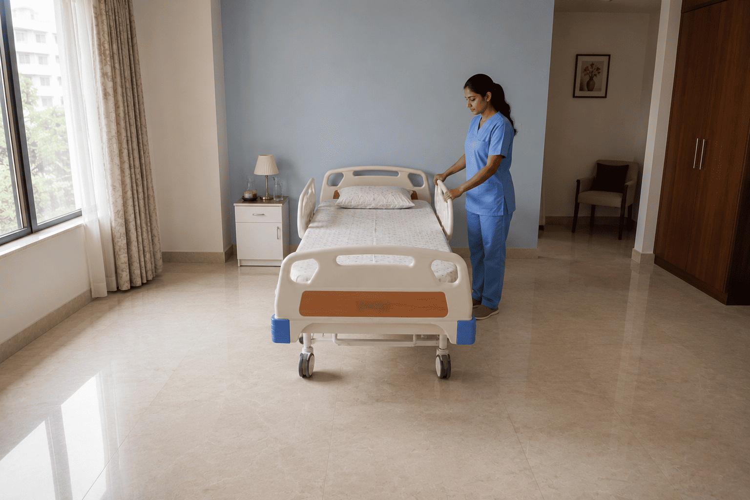 Hospital bed placed away from the wall with clear access on three sides in a home patient room