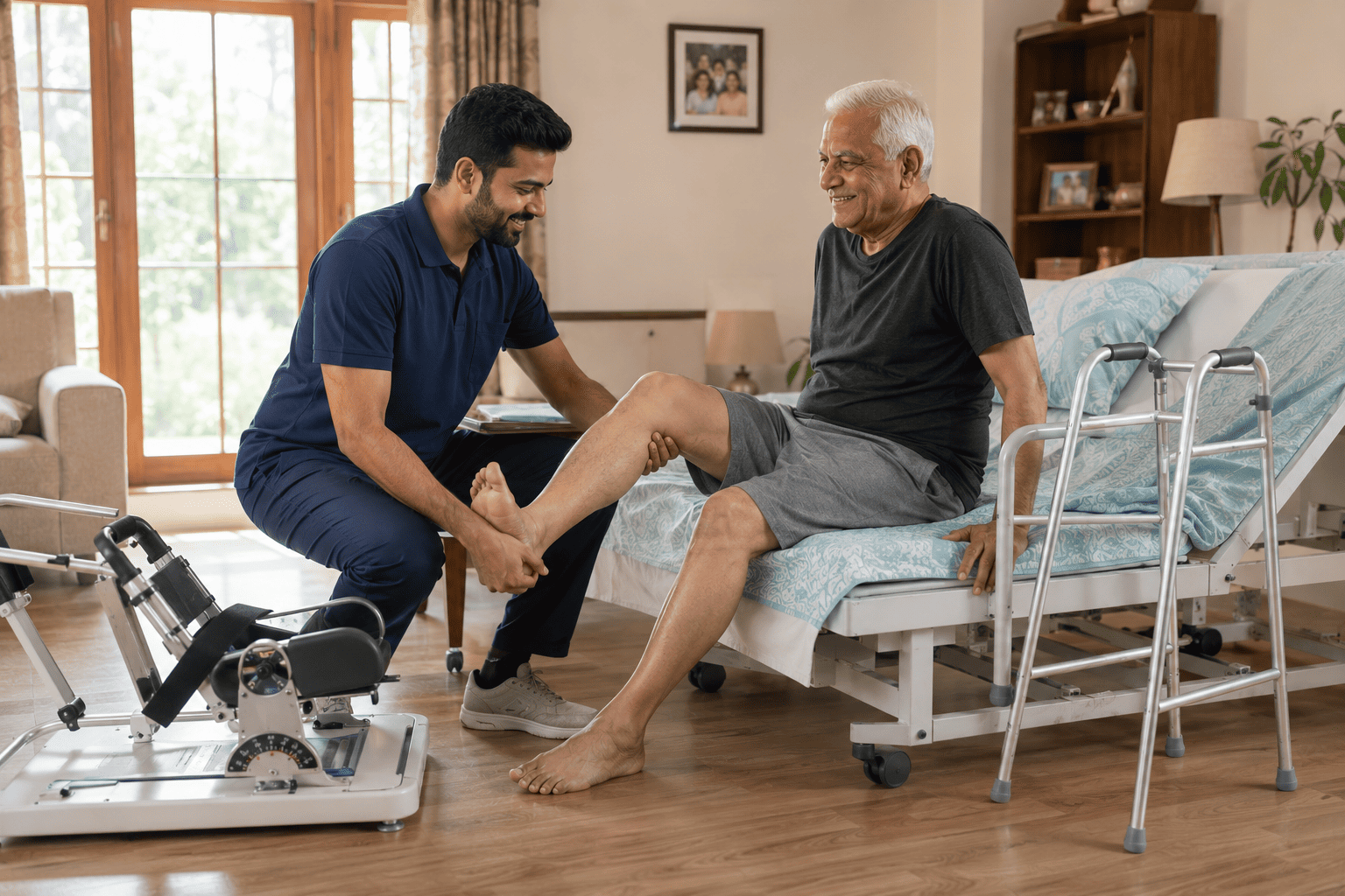Joint replacement recovery at home setup with CPM machine and walker by Healthy Jeena Sikho