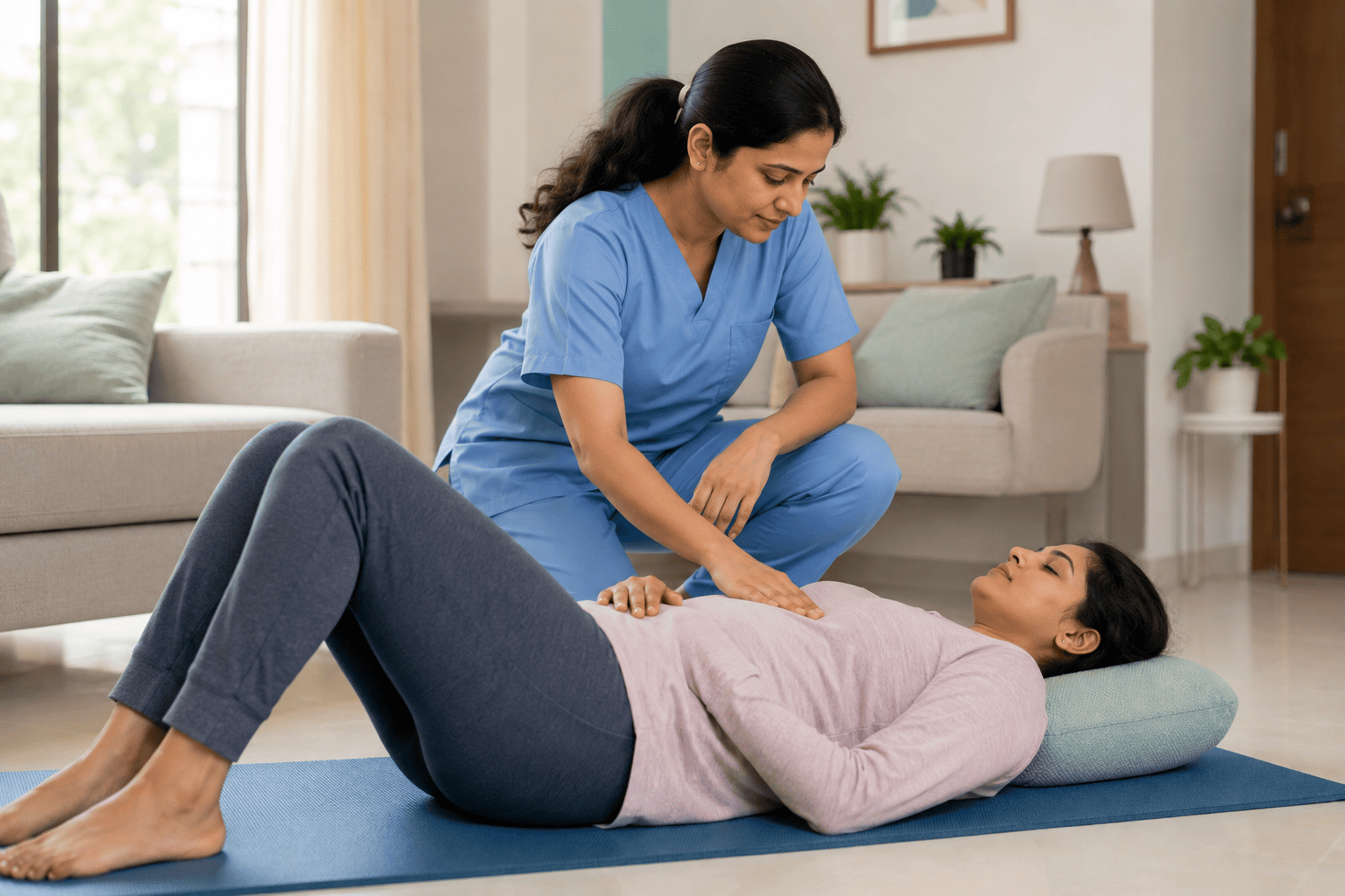 Physiotherapist guiding a new mother through gentle core and breathing exercises at home