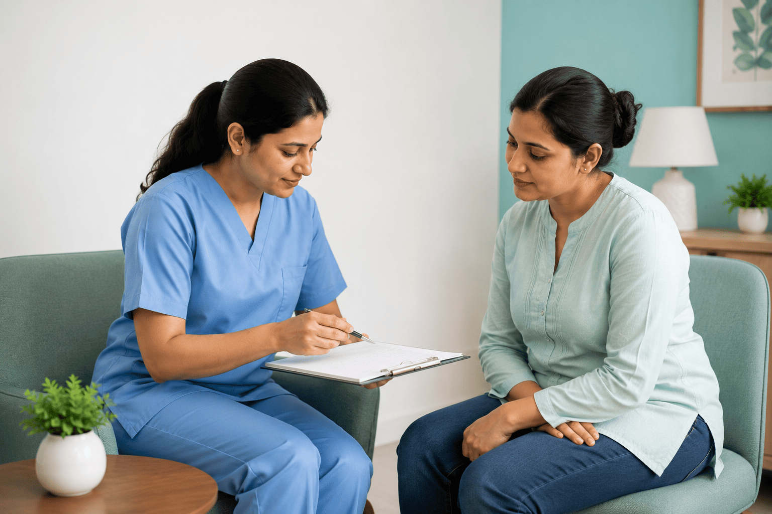 Physiotherapist demonstrating breathing and posture technique with a patient