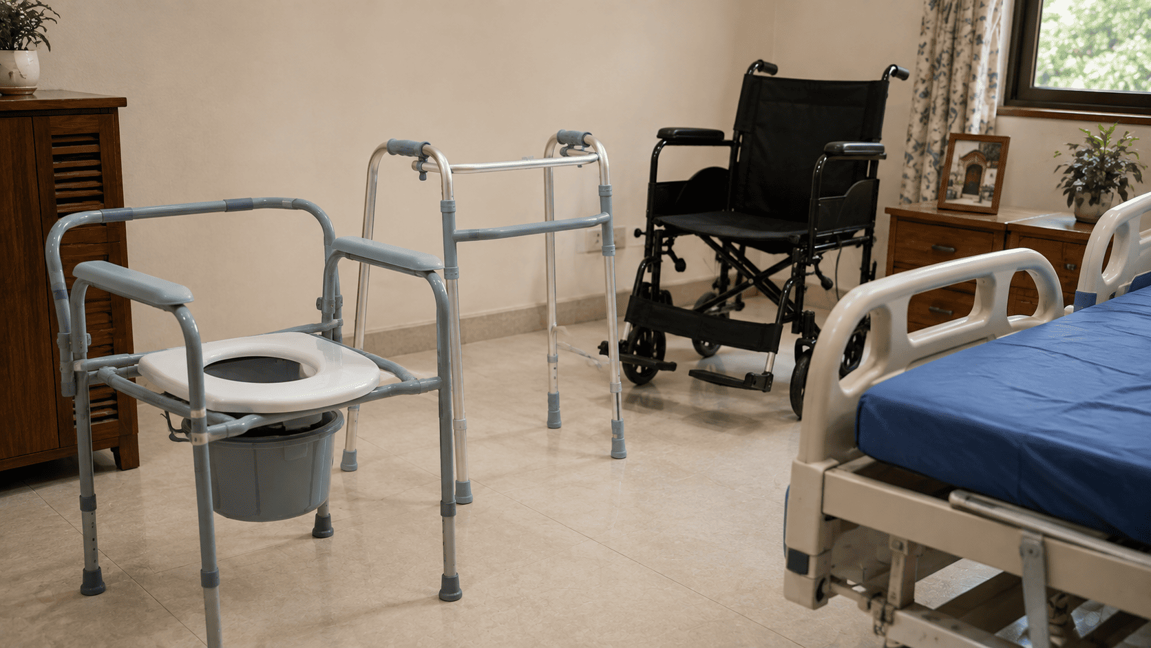 Elderly home care equipment including commode chair walker and hospital bed