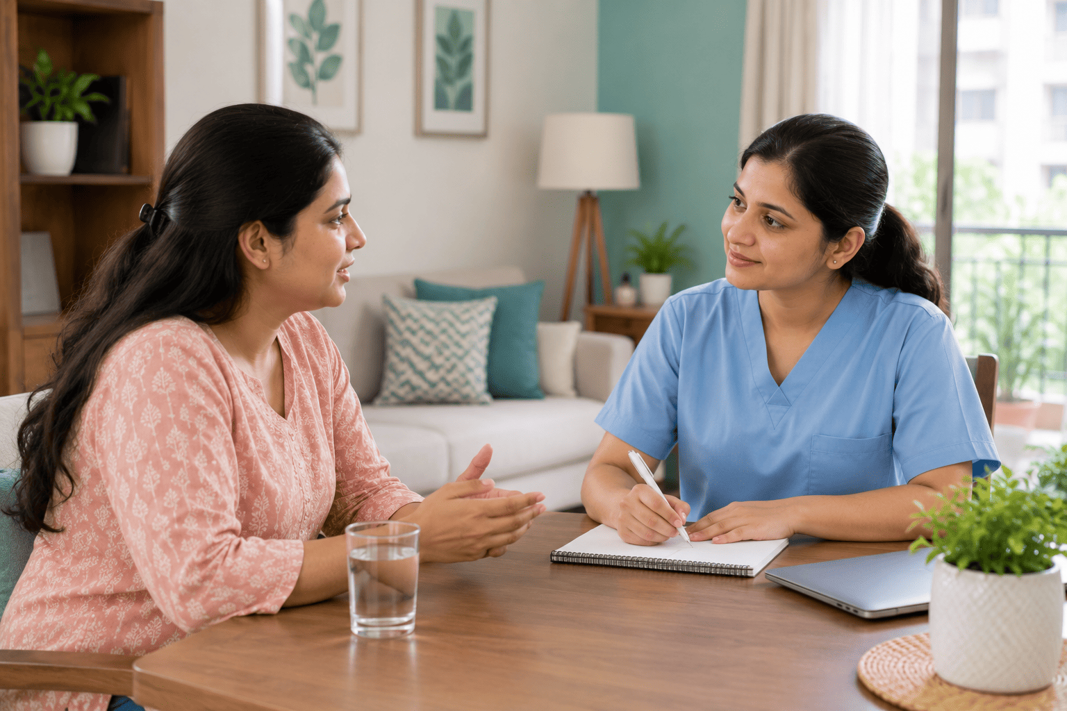 Woman speaking with a healthcare professional about postpartum recovery