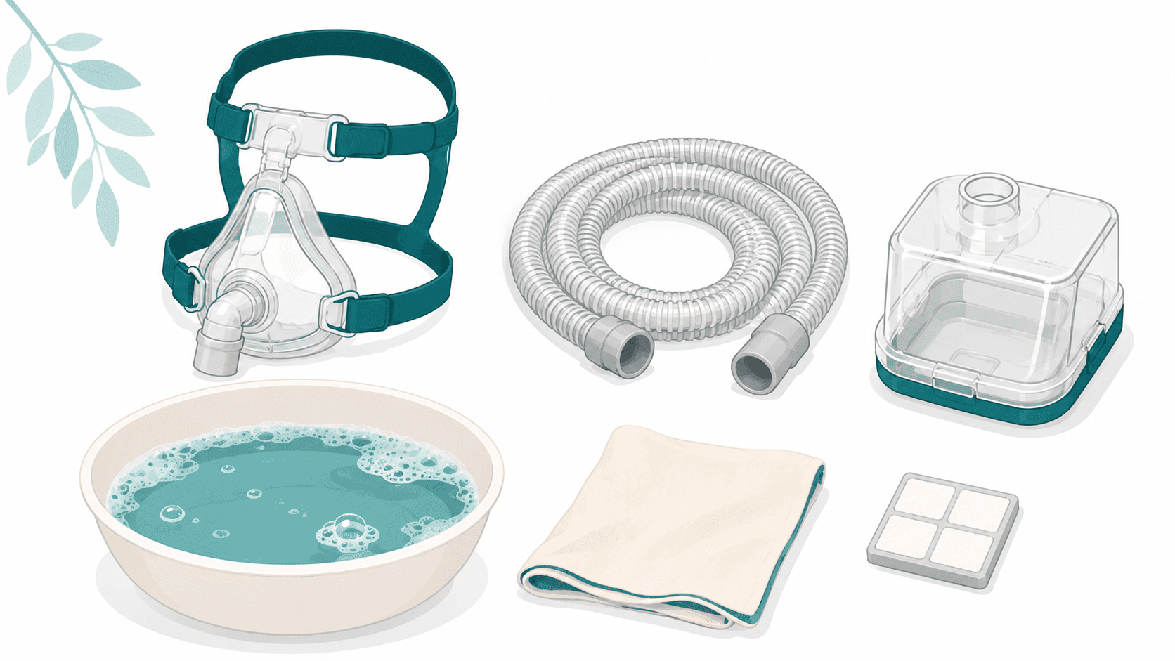 CPAP mask, coiled tube, humidifier chamber and a filter