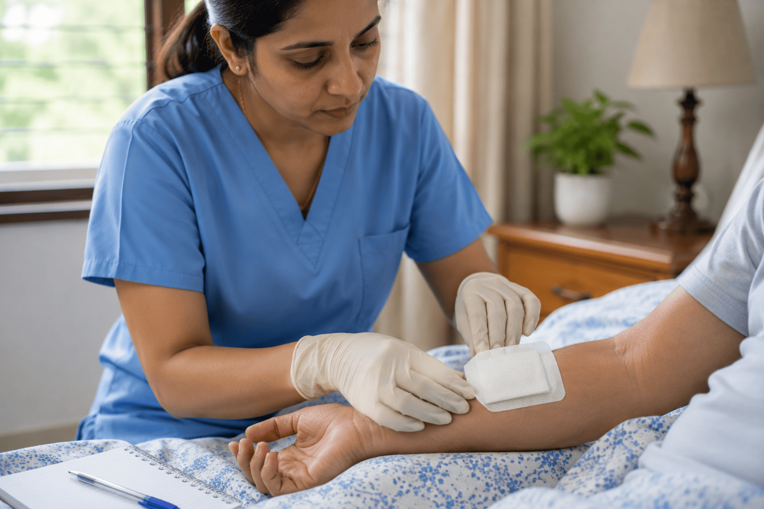 Caregiver checking a surgical wound dressing and taking notes at home after discharge