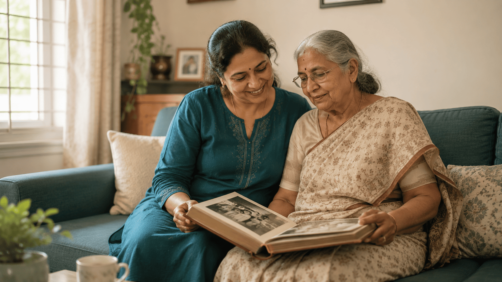 Dementia and elderly care at home with a family caregiver supporting an older parent