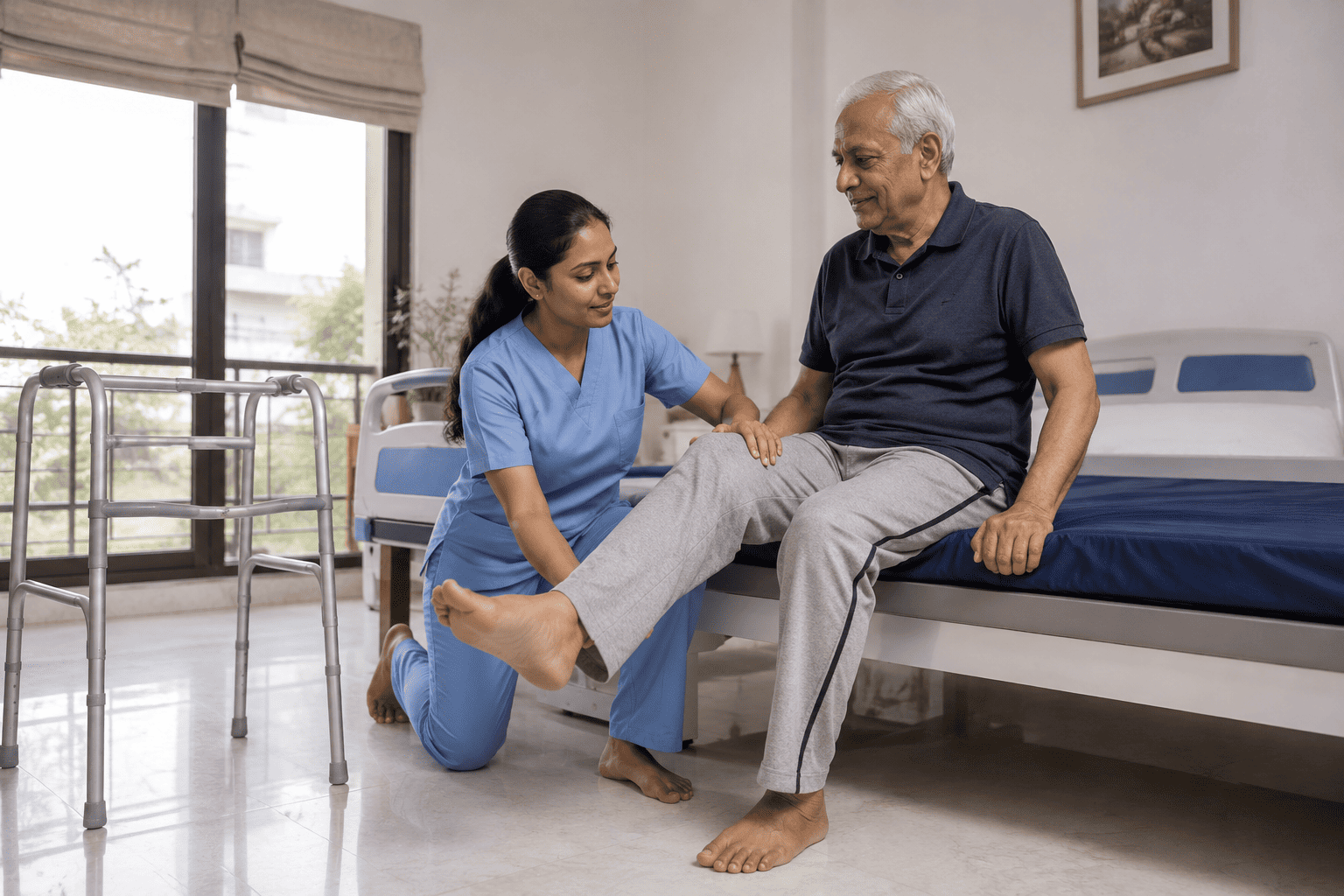 Physiotherapist working with a patient at home after hospital discharge