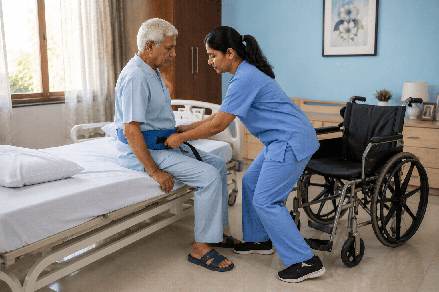 Caregiver safely transferring a patient from a hospital bed to a wheelchair at home