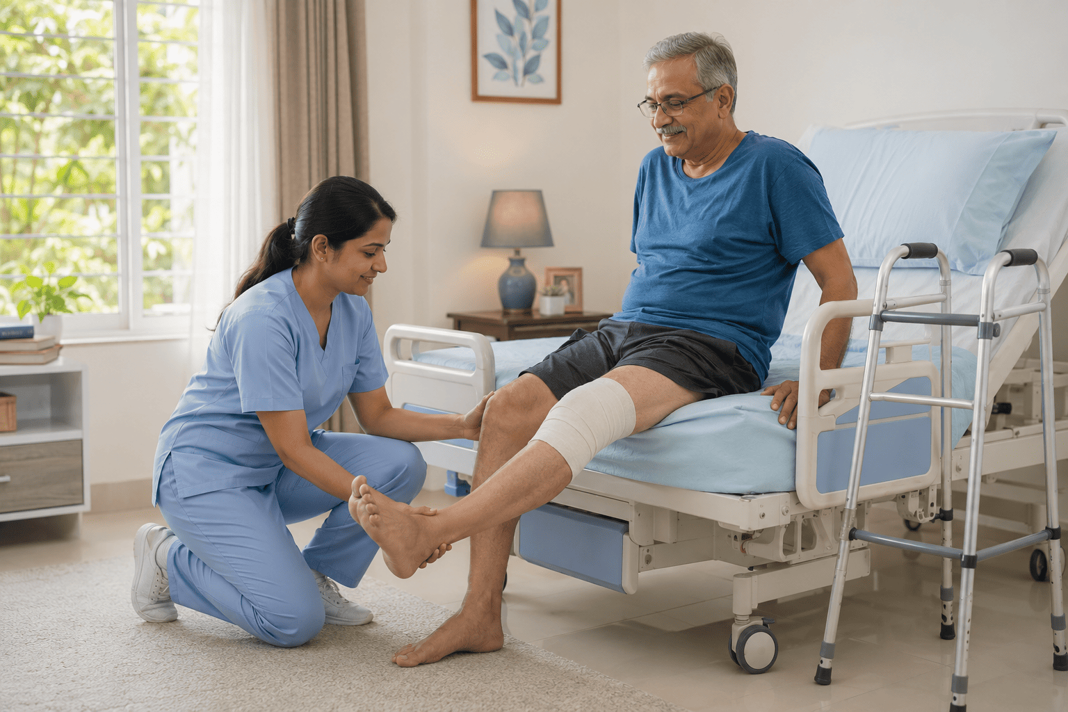 After surgery recovery at home setup with hospital bed, walker and nurse by Healthy Jeena Sikho